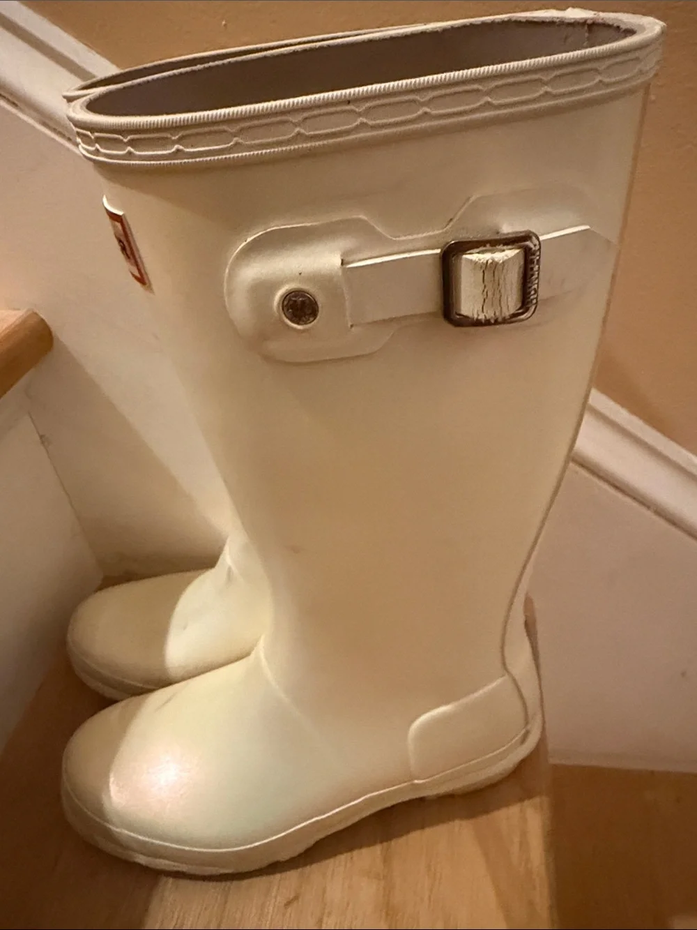 Hunter Cream Tall Rain Boots with Buckle Detail